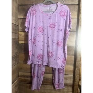 Joyspun Pajama Set Purple Sun Moon Stars Clouds Print Top Pants XL 16-18